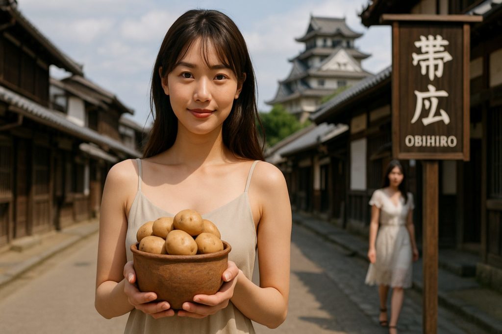 帯広の城下で芋の入った土器をもつ女性