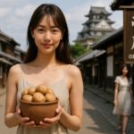 帯広の城下で芋の入った土器をもつ女性