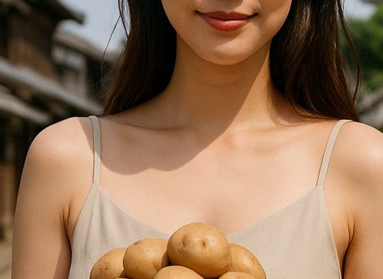 帯広の城下で芋の入った土器をもつ女性