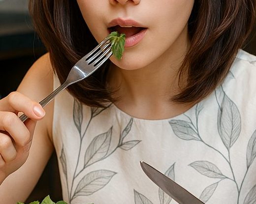 朝食で葉っぱを食べようとしている女性