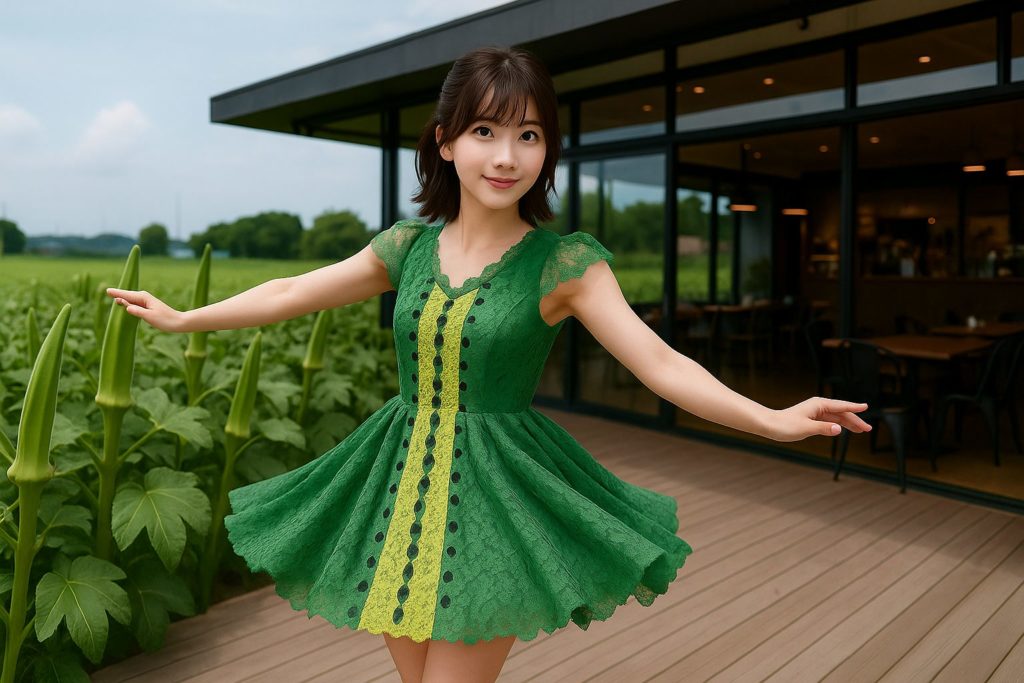 オクラ畑の中にある喫茶店のテラスでフタトガリアオイガの幼虫の気持ちになってオクラホマミキサーを踊っている女性