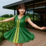 オクラ畑の中にある喫茶店のテラスでフタトガリアオイガの幼虫の気持ちになってオクラホマミキサーを踊っている女性