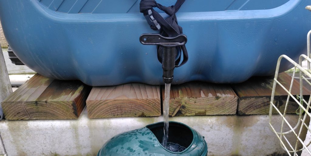 雨水タンクから水をいれている様子