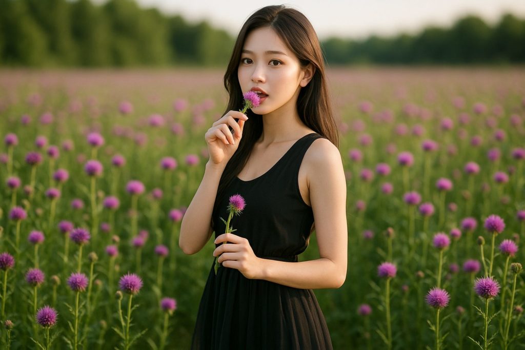 アザミを食べる女性の写真