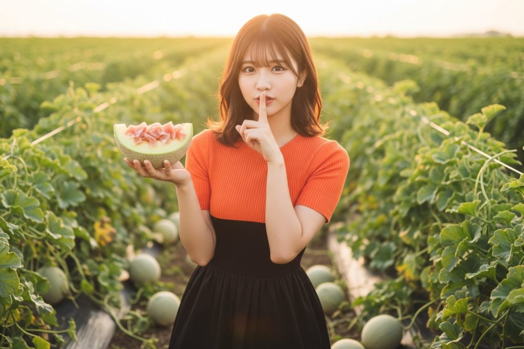 瓜(メロン)に生ハムをのせて、しーっと言っている女性のイメージ