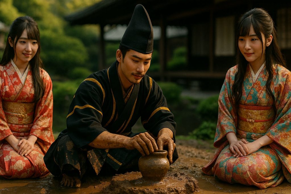 帝が泥で鉢をつくっている