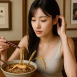 矢と根と穂が入った蕎麦を食べている女性のイメージ写真