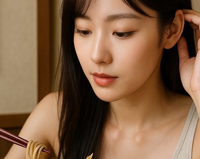 矢と根と穂が入った蕎麦を食べている女性のイメージ写真