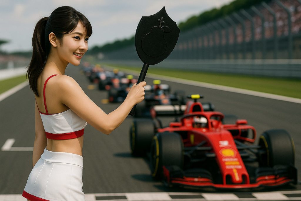 梨の刻印がされた軍配を持ち、レーススタートの合図をしようとする女性のイメージ写真