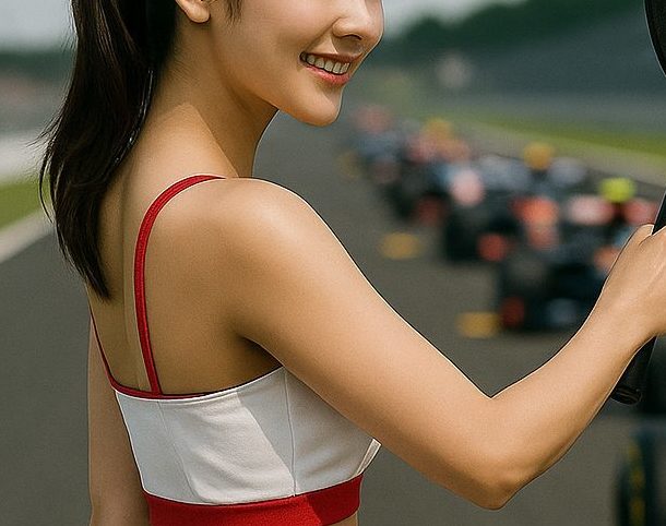梨の刻印がされた軍配を持ち、レーススタートの合図をしようとする女性のイメージ写真